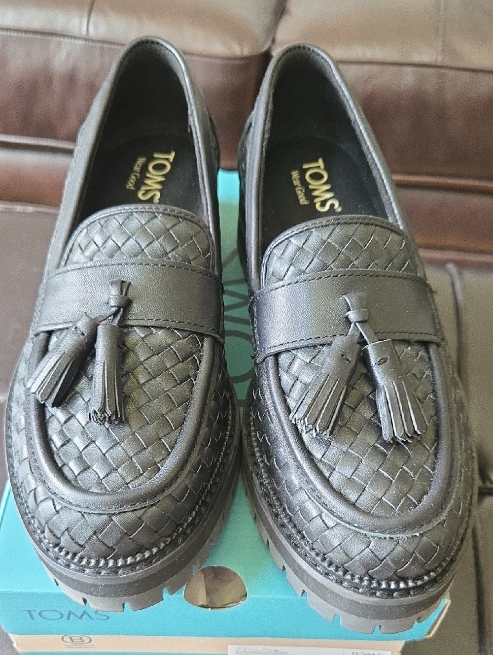 TOMS Cara Black Woven Tassel Loafers - Picture 2 of 4